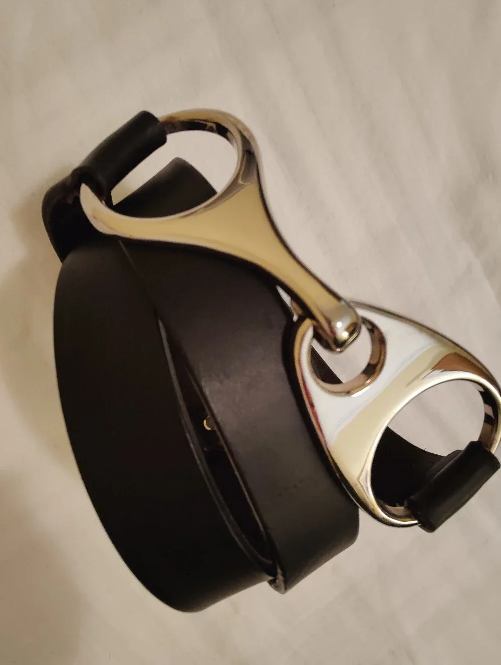 Chico's Adjustable Black Leather Belt with Silver Tone Horsebit Hardware, ML